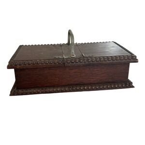 Vintage Wood Double Lid Trinket Box Beaded Trim Metal Handle Jewelry Caddy Brown